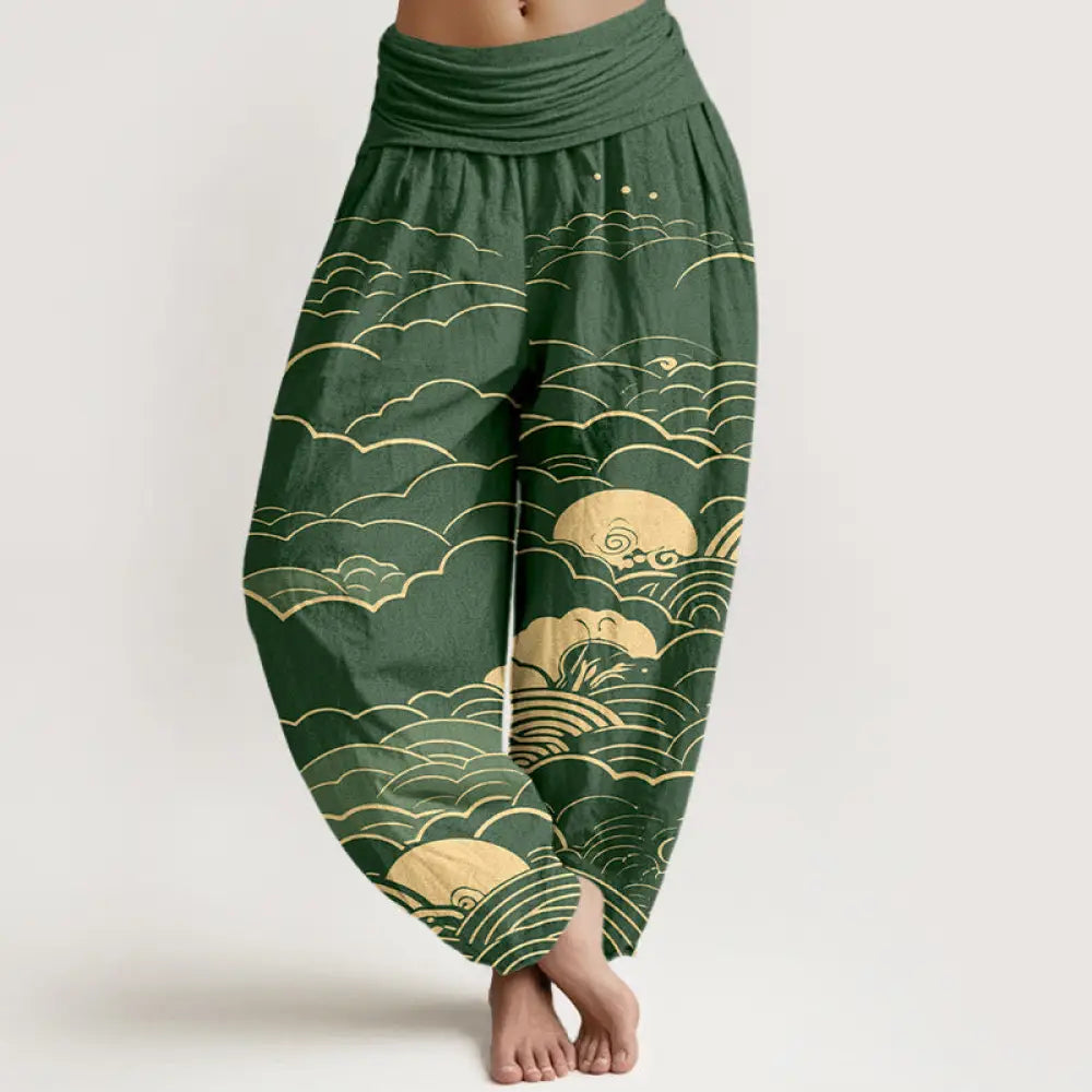 Buddha Stones Cotton Classical Clouds Spiral Pattern Women’s Elastic Waist Harem Pants - Green / US2，UK/AU6，EU34 (XS)