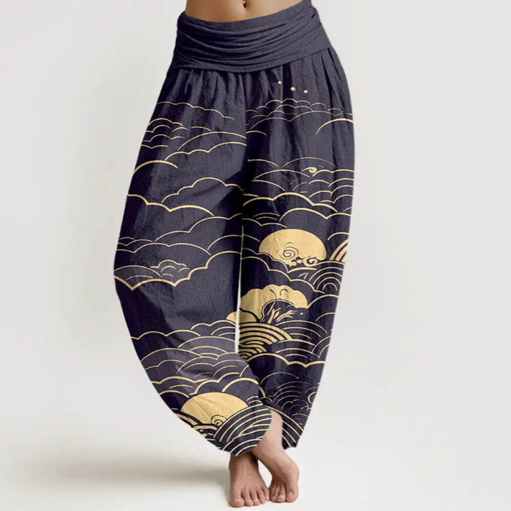 Buddha Stones Cotton Classical Clouds Spiral Pattern Women’s Elastic Waist Harem Pants - MidnightBlue / US2，UK/AU6，EU34