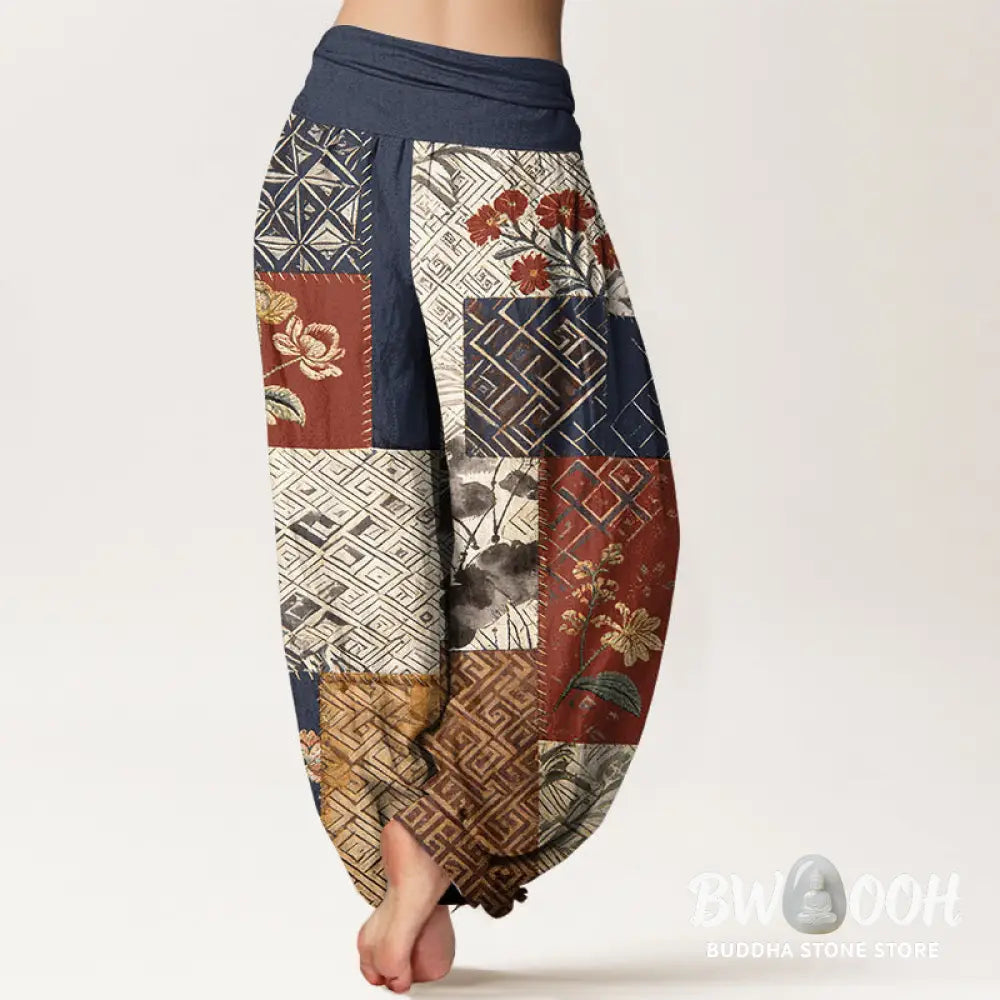 Buddha Stones Cotton Color Blocking Design Flower Geometry Pattern Women’s Elastic Waist Harem Pants - Women’s Harem