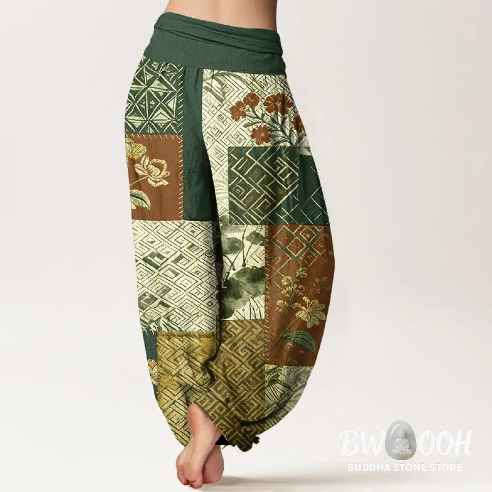 Buddha Stones Cotton Color Blocking Design Flower Geometry Pattern Women’s Elastic Waist Harem Pants - Women’s Harem