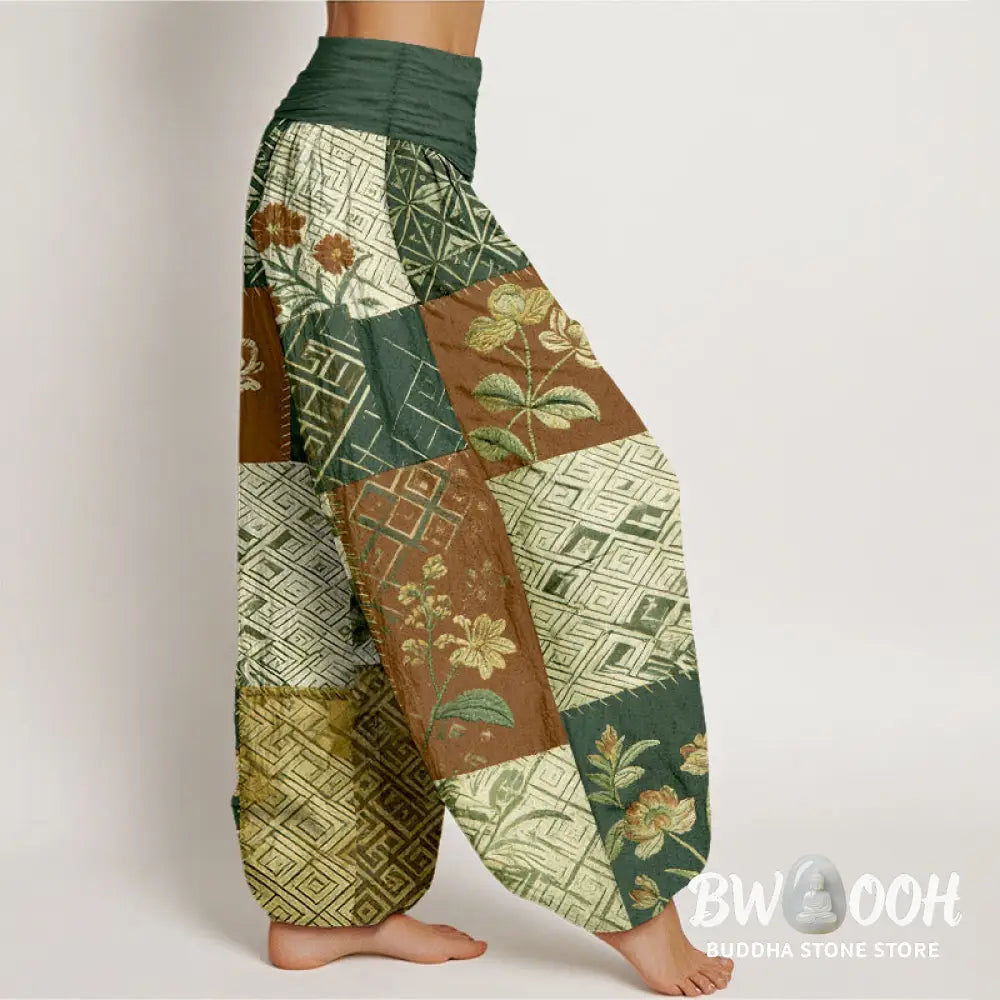 Buddha Stones Cotton Color Blocking Design Flower Geometry Pattern Women’s Elastic Waist Harem Pants - Women’s Harem