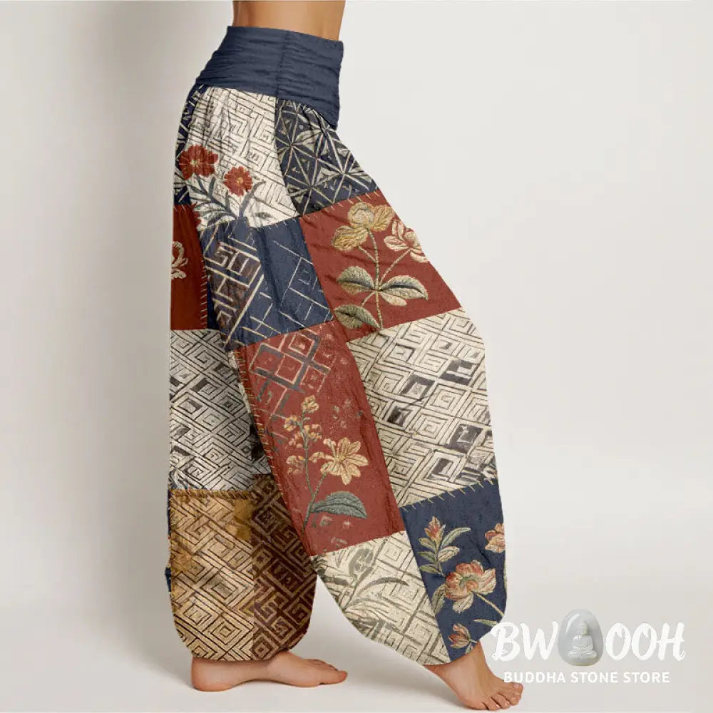 Buddha Stones Cotton Color Blocking Design Flower Geometry Pattern Women’s Elastic Waist Harem Pants - Women’s Harem