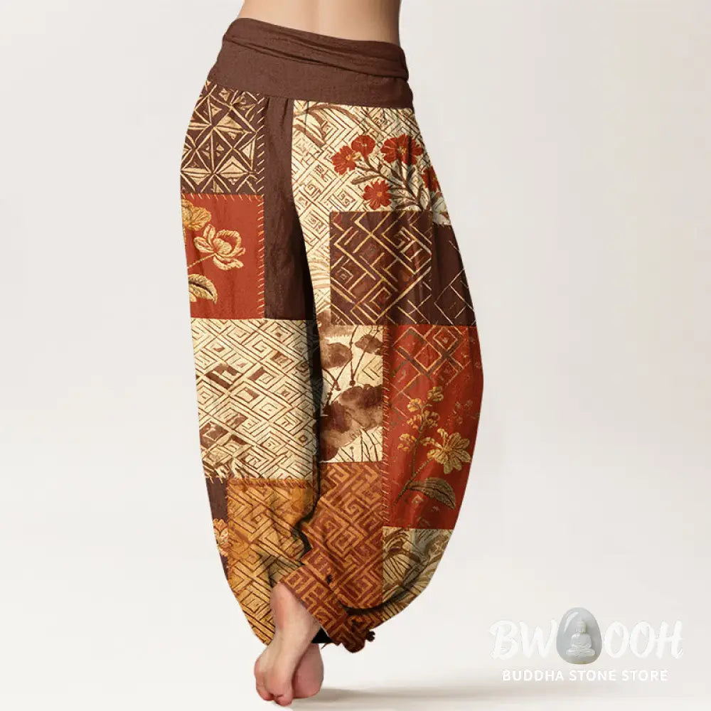 Buddha Stones Cotton Color Blocking Design Flower Geometry Pattern Women’s Elastic Waist Harem Pants - Women’s Harem