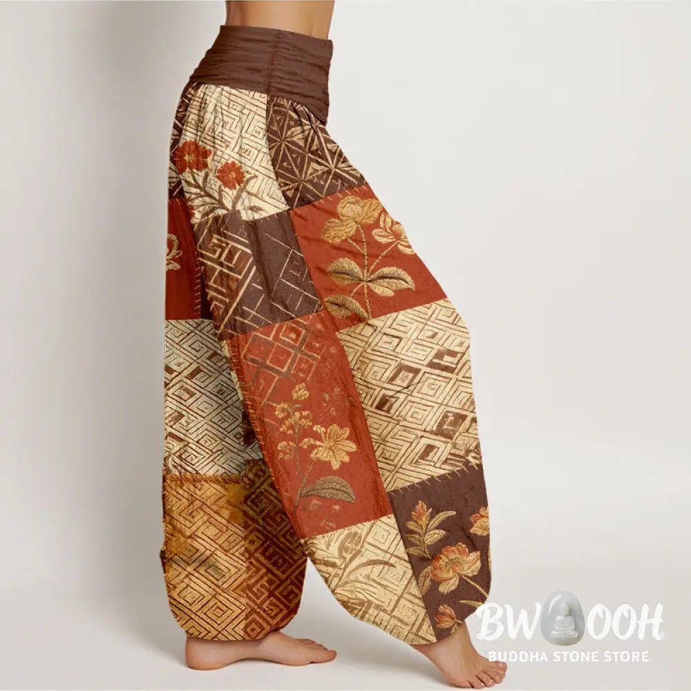 Buddha Stones Cotton Color Blocking Design Flower Geometry Pattern Women’s Elastic Waist Harem Pants - Women’s Harem