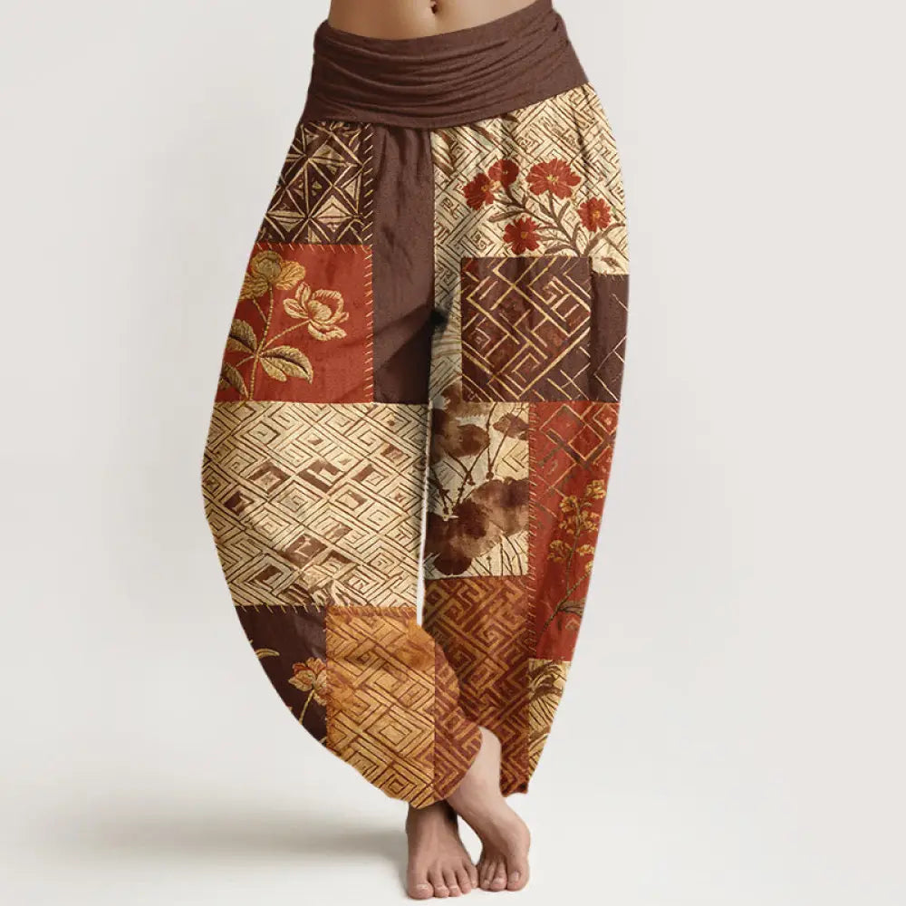 Buddha Stones Cotton Color Blocking Design Flower Geometry Pattern Women’s Elastic Waist Harem Pants - Brown