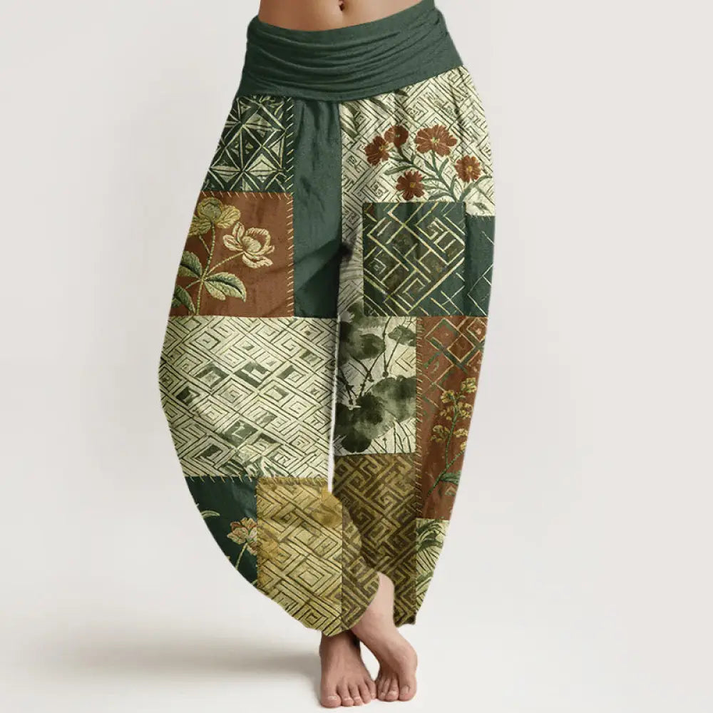 Buddha Stones Cotton Color Blocking Design Flower Geometry Pattern Women’s Elastic Waist Harem Pants - DarkGreen