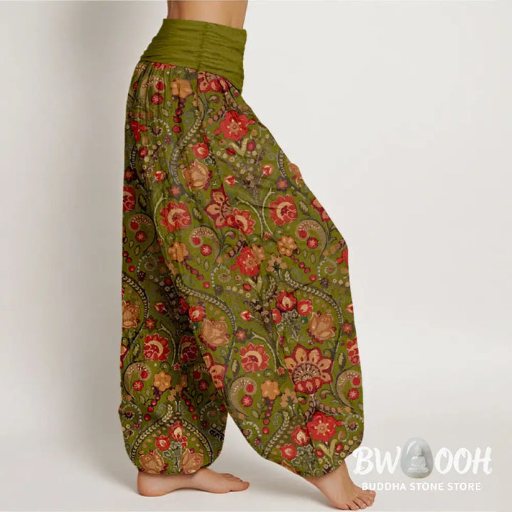 Buddha Stones Cotton Colorful Flower Leaf Scroll Pattern Women’s Elastic Waist Harem Pants - Women’s Harem Pants