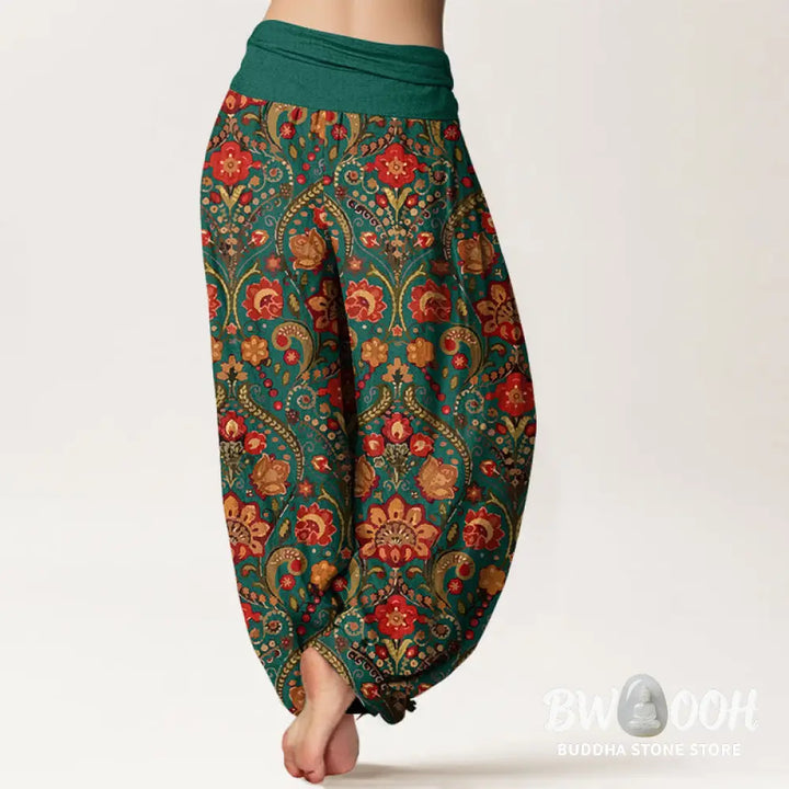 Buddha Stones Cotton Colorful Flower Leaf Scroll Pattern Women’s Elastic Waist Harem Pants - Women’s Harem Pants