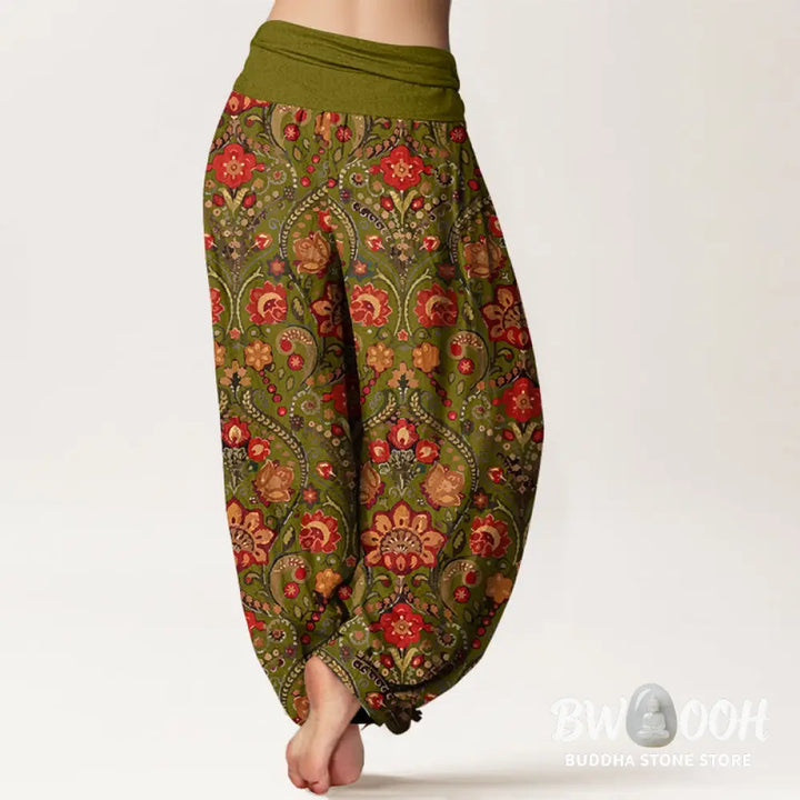 Buddha Stones Cotton Colorful Flower Leaf Scroll Pattern Women’s Elastic Waist Harem Pants - Women’s Harem Pants