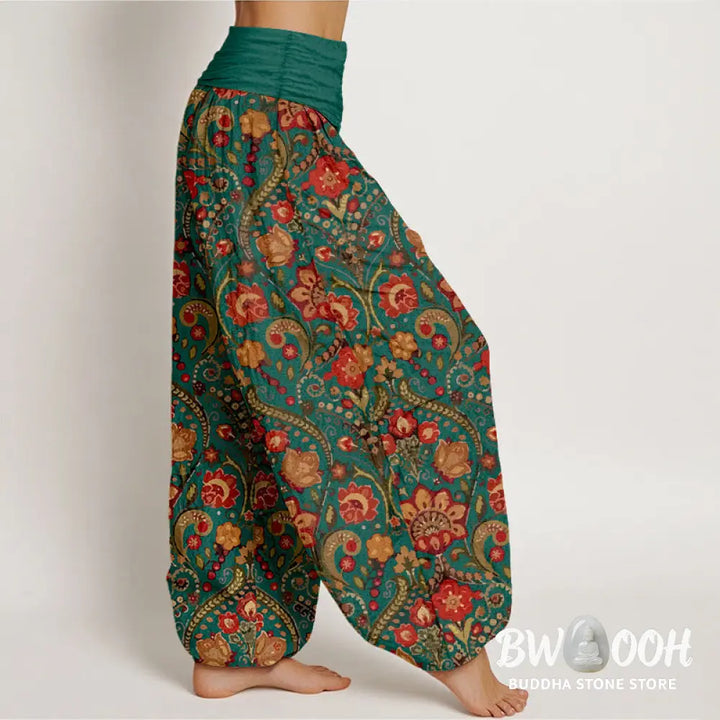 Buddha Stones Cotton Colorful Flower Leaf Scroll Pattern Women’s Elastic Waist Harem Pants - Women’s Harem Pants