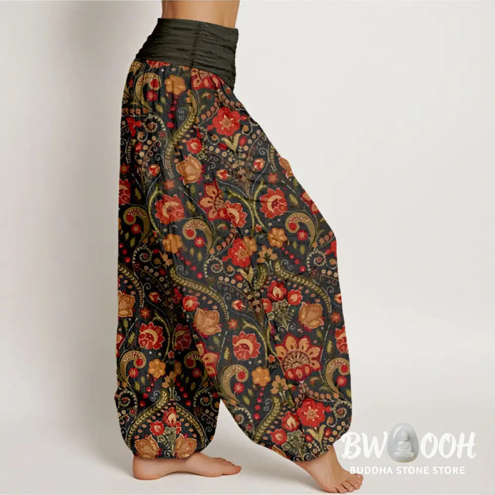 Buddha Stones Cotton Colorful Flower Leaf Scroll Pattern Women’s Elastic Waist Harem Pants - Women’s Harem Pants