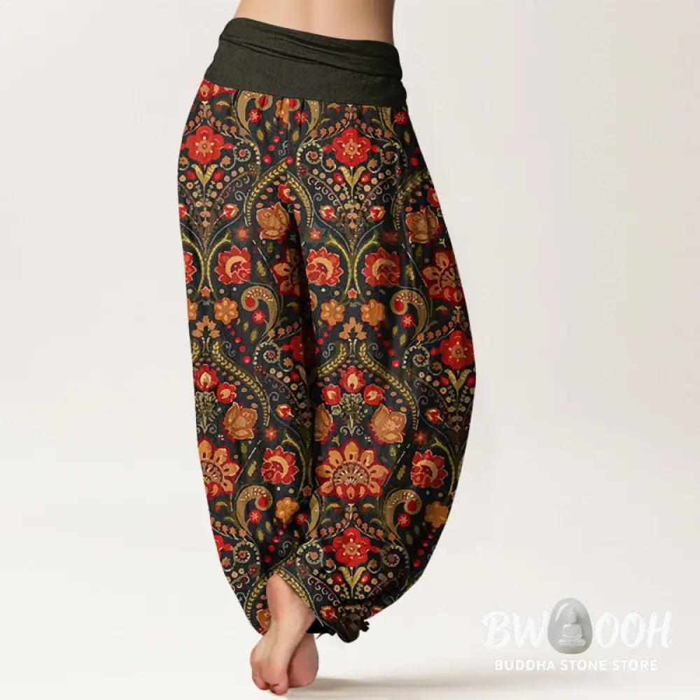 Buddha Stones Cotton Colorful Flower Leaf Scroll Pattern Women’s Elastic Waist Harem Pants - Women’s Harem Pants