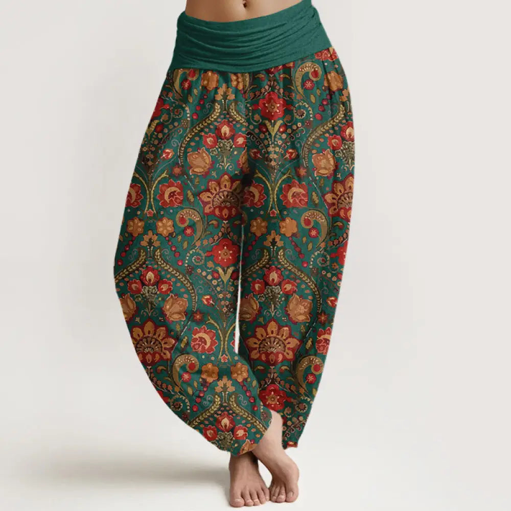 Buddha Stones Cotton Colorful Flower Leaf Scroll Pattern Women’s Elastic Waist Harem Pants - Teal / US2，UK/AU6，EU34