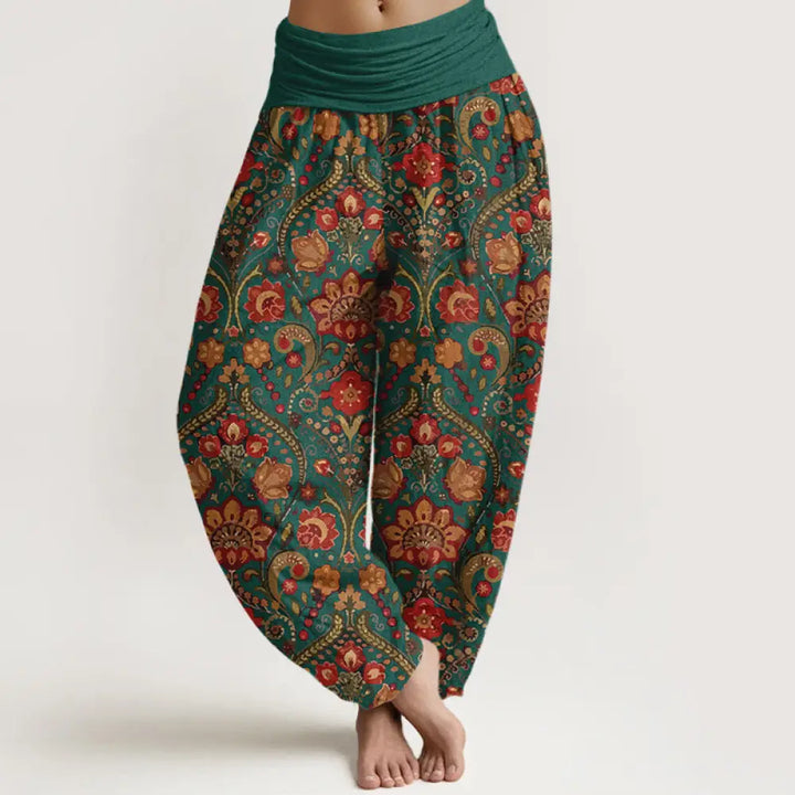 Buddha Stones Cotton Colorful Flower Leaf Scroll Pattern Women’s Elastic Waist Harem Pants - Teal / US2，UK/AU6，EU34