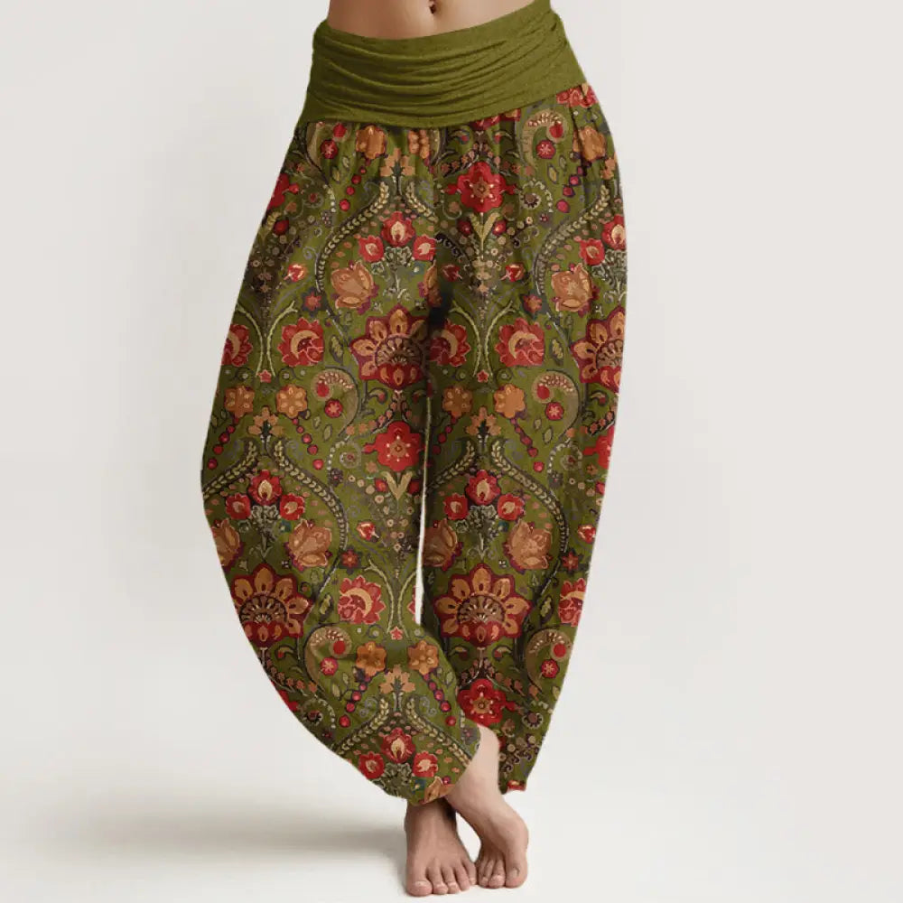 Buddha Stones Cotton Colorful Flower Leaf Scroll Pattern Women’s Elastic Waist Harem Pants - YellowGreen
