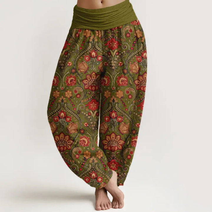 Buddha Stones Cotton Colorful Flower Leaf Scroll Pattern Women’s Elastic Waist Harem Pants - YellowGreen