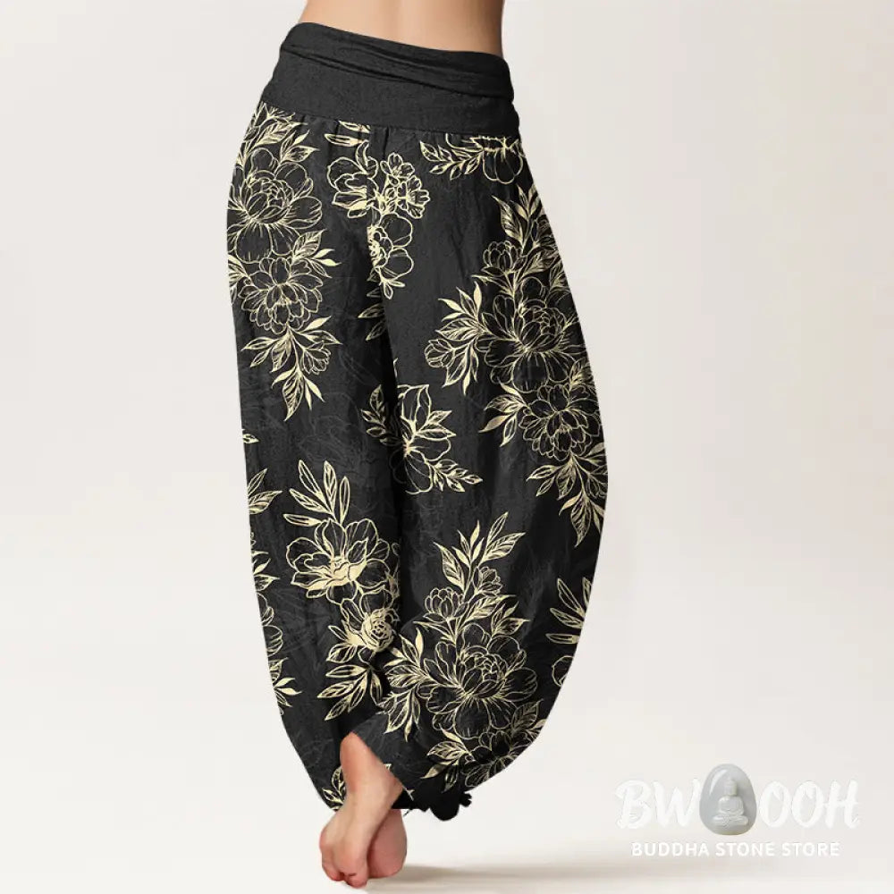 Buddha Stones Cotton Complicated Flowers Leaves Pattern Women’s Elastic Waist Harem Pants - Women’s Harem Pants