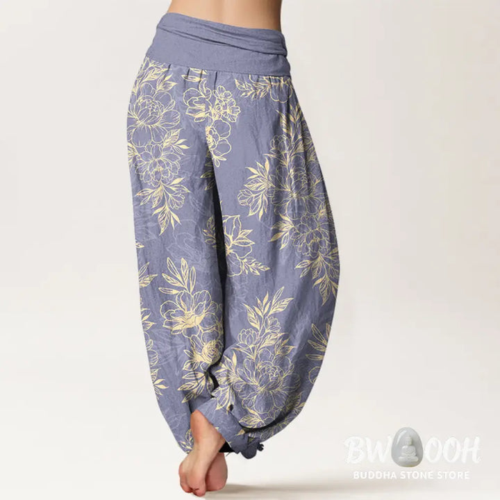 Buddha Stones Cotton Complicated Flowers Leaves Pattern Women’s Elastic Waist Harem Pants - Women’s Harem Pants