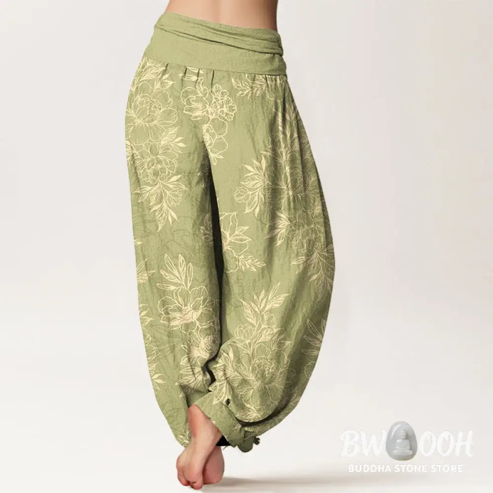 Buddha Stones Cotton Complicated Flowers Leaves Pattern Women’s Elastic Waist Harem Pants - Women’s Harem Pants