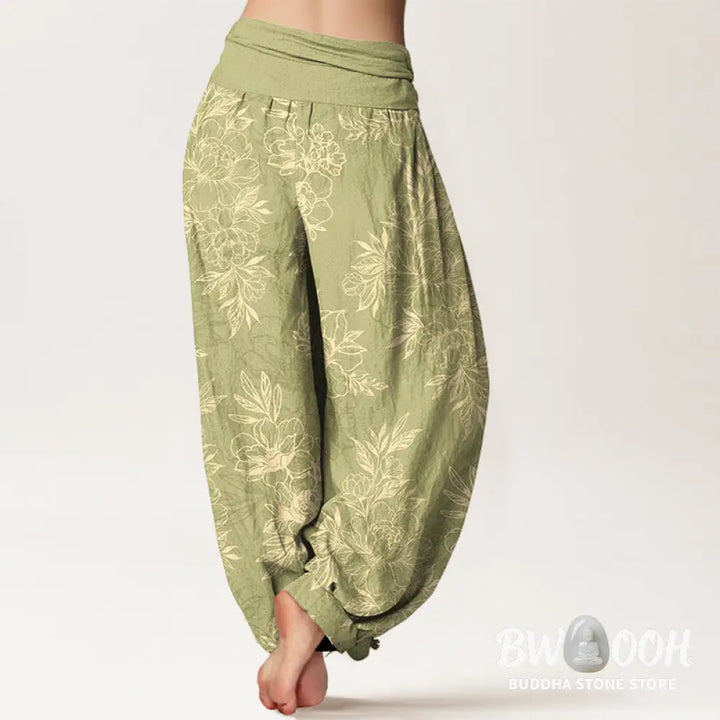 Buddha Stones Cotton Complicated Flowers Leaves Pattern Women’s Elastic Waist Harem Pants - Women’s Harem Pants