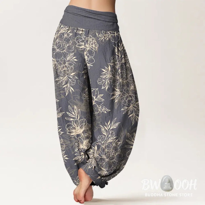 Buddha Stones Cotton Complicated Flowers Leaves Pattern Women’s Elastic Waist Harem Pants - Women’s Harem Pants