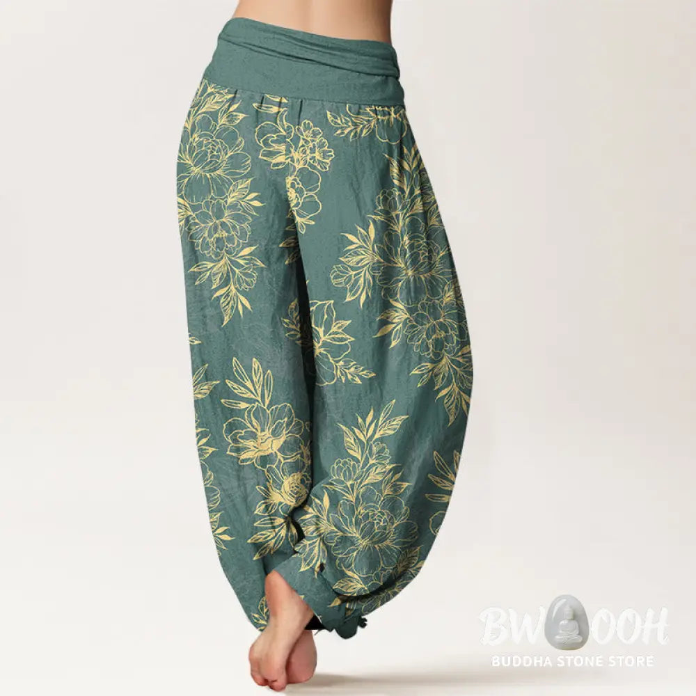 Buddha Stones Cotton Complicated Flowers Leaves Pattern Women’s Elastic Waist Harem Pants - Women’s Harem Pants