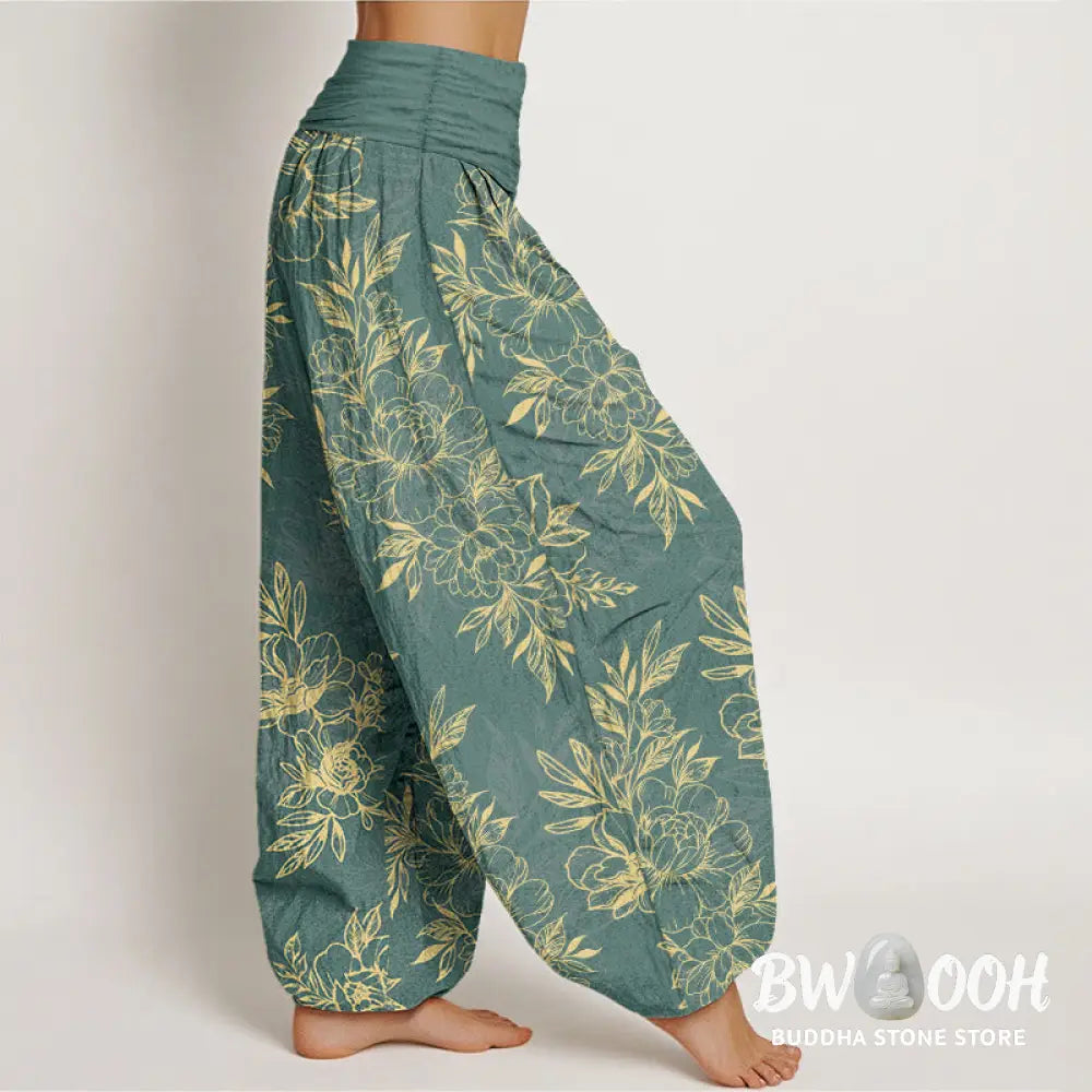 Buddha Stones Cotton Complicated Flowers Leaves Pattern Women’s Elastic Waist Harem Pants - Women’s Harem Pants