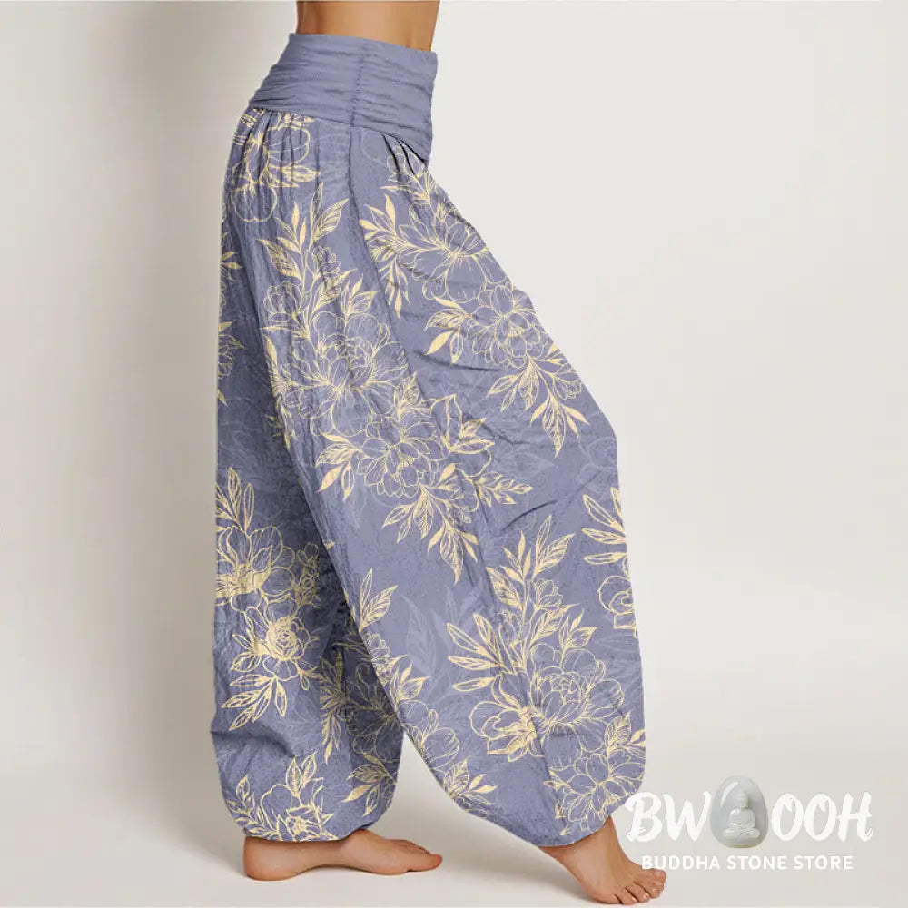 Buddha Stones Cotton Complicated Flowers Leaves Pattern Women’s Elastic Waist Harem Pants - Women’s Harem Pants