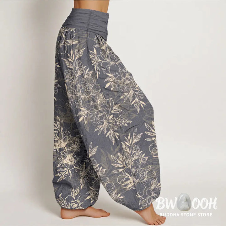 Buddha Stones Cotton Complicated Flowers Leaves Pattern Women’s Elastic Waist Harem Pants - Women’s Harem Pants