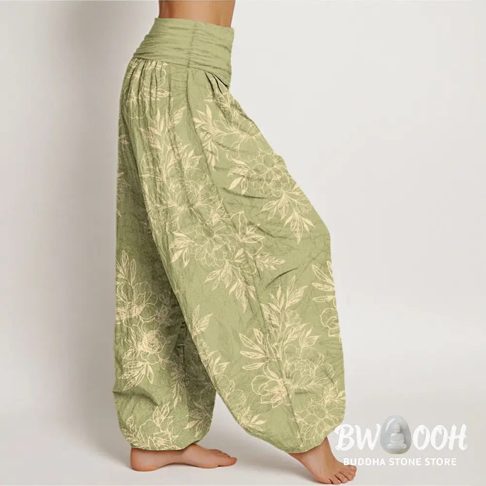 Buddha Stones Cotton Complicated Flowers Leaves Pattern Women’s Elastic Waist Harem Pants - Women’s Harem Pants