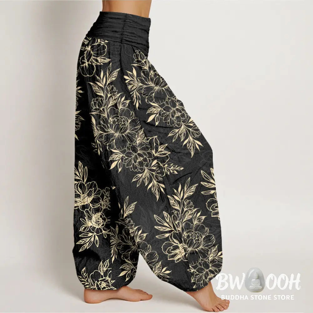 Buddha Stones Cotton Complicated Flowers Leaves Pattern Women’s Elastic Waist Harem Pants - Women’s Harem Pants