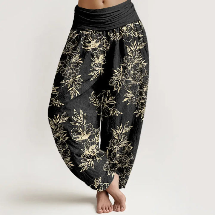 Buddha Stones Cotton Complicated Flowers Leaves Pattern Women’s Elastic Waist Harem Pants - Black / US2，UK/AU6，EU34