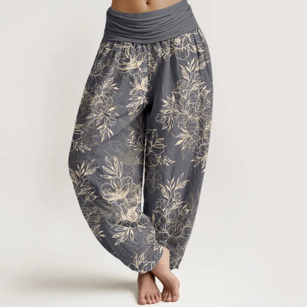 Buddha Stones Cotton Complicated Flowers Leaves Pattern Women’s Elastic Waist Harem Pants - DimGray / US2，UK/AU6，EU34