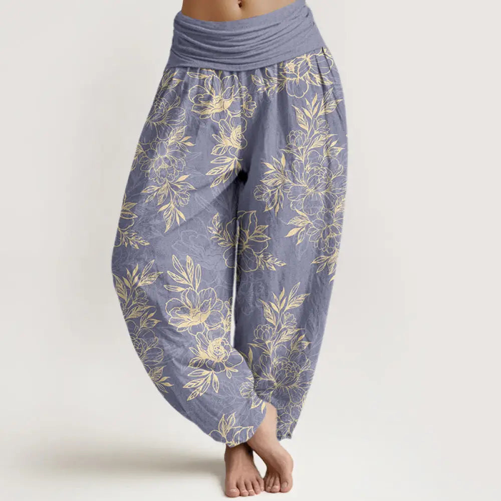 Buddha Stones Cotton Complicated Flowers Leaves Pattern Women’s Elastic Waist Harem Pants - SlateBlue / US2，UK/AU6，EU34