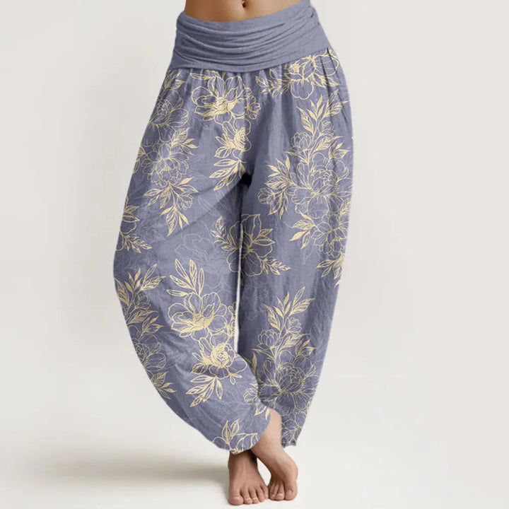 Buddha Stones Cotton Complicated Flowers Leaves Pattern Women’s Elastic Waist Harem Pants - SlateBlue / US2，UK/AU6，EU34