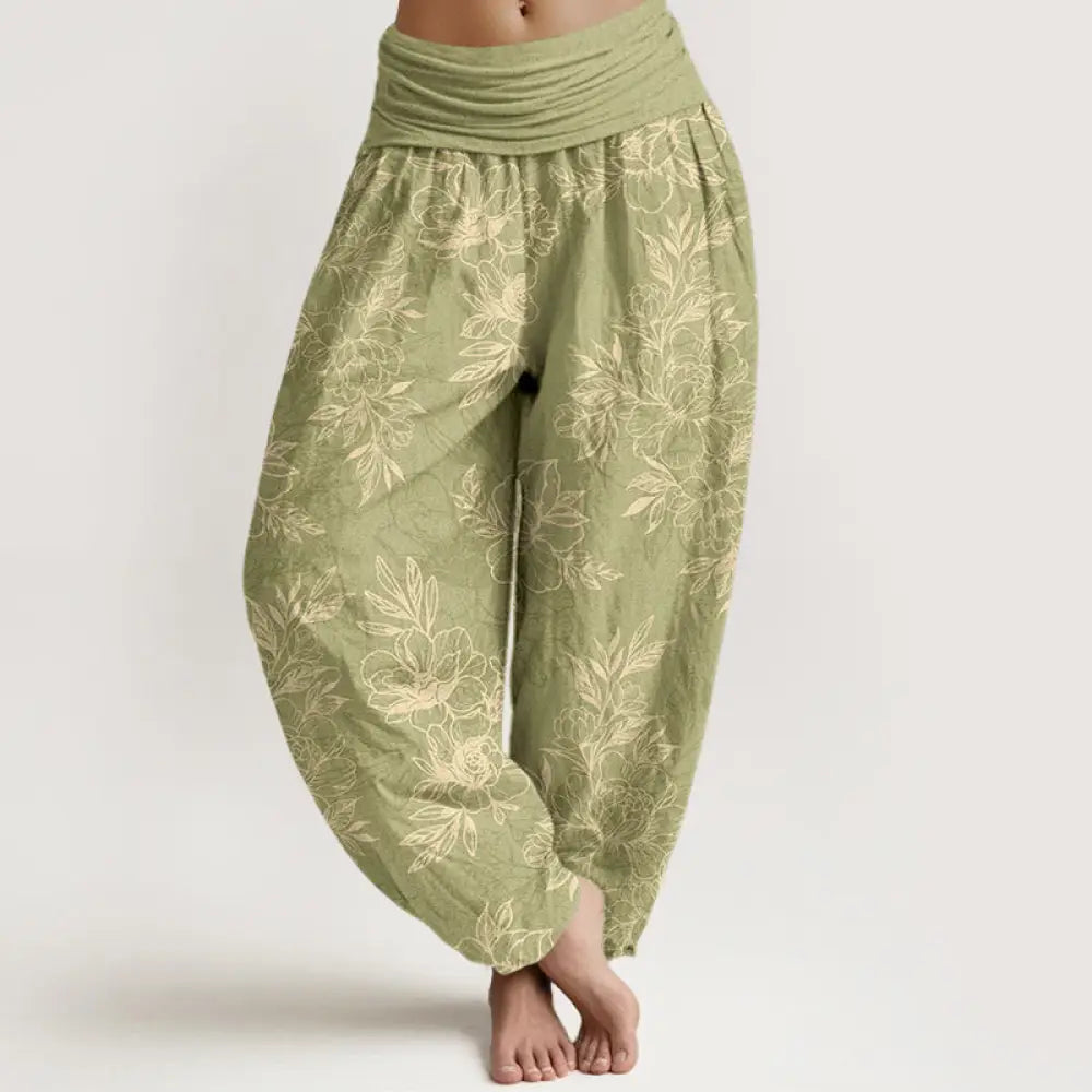 Buddha Stones Cotton Complicated Flowers Leaves Pattern Women’s Elastic Waist Harem Pants - YellowGreen