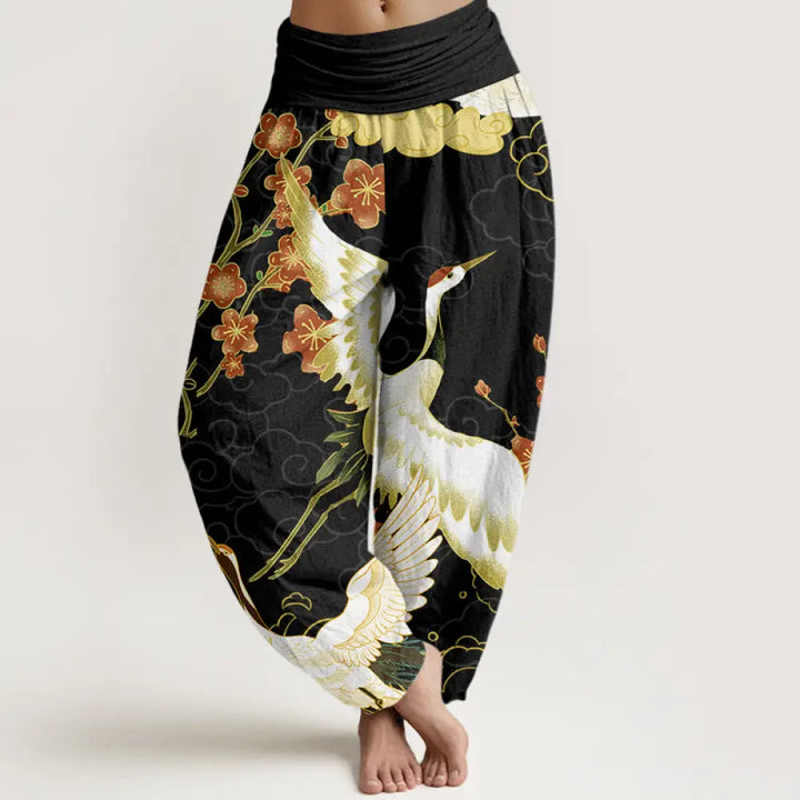 BWOOOH printed harem pants - Cotton Cranes Flowers Auspicious Clouds 