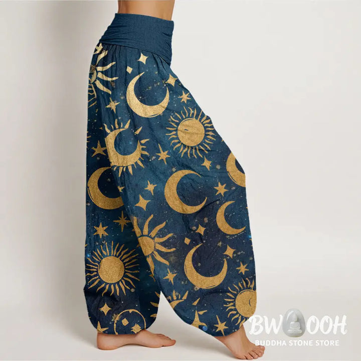 Buddha Stones Cotton Crescent Moon Sun Stars Pattern Design Women’s Elastic Waist Harem Pants - Women’s Harem Pants