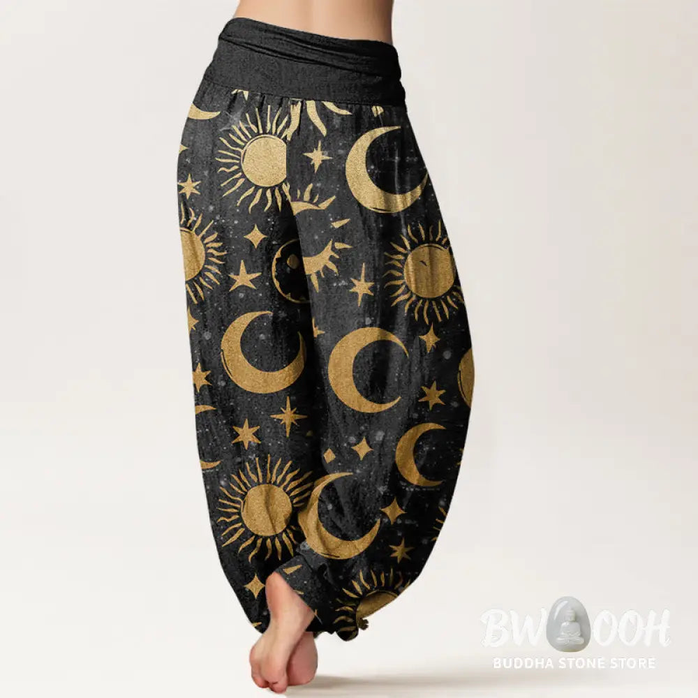 Buddha Stones Cotton Crescent Moon Sun Stars Pattern Design Women’s Elastic Waist Harem Pants - Women’s Harem Pants