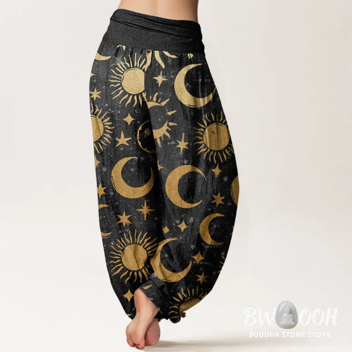 Buddha Stones Cotton Crescent Moon Sun Stars Pattern Design Women’s Elastic Waist Harem Pants - Women’s Harem Pants