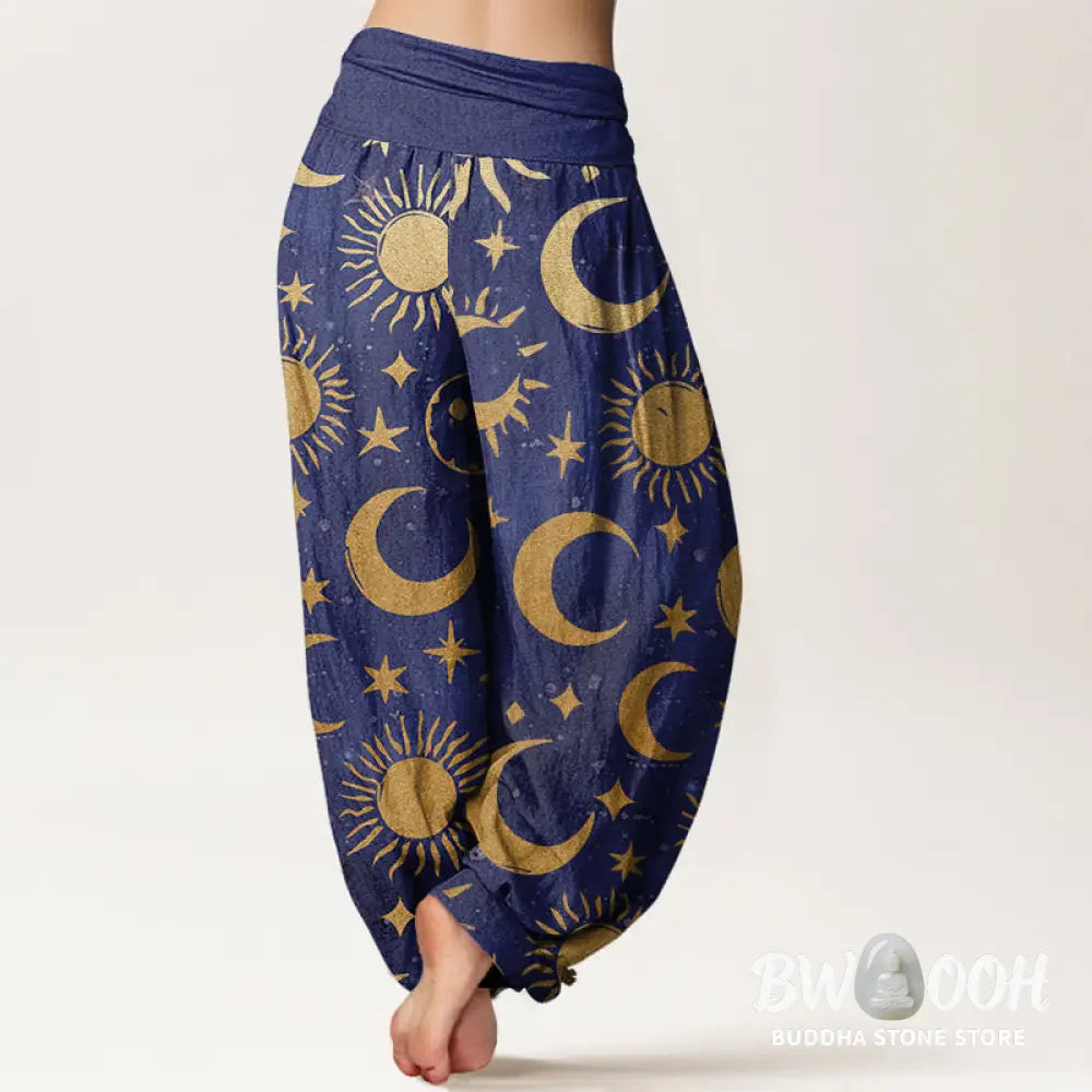 Buddha Stones Cotton Crescent Moon Sun Stars Pattern Design Women’s Elastic Waist Harem Pants - Women’s Harem Pants