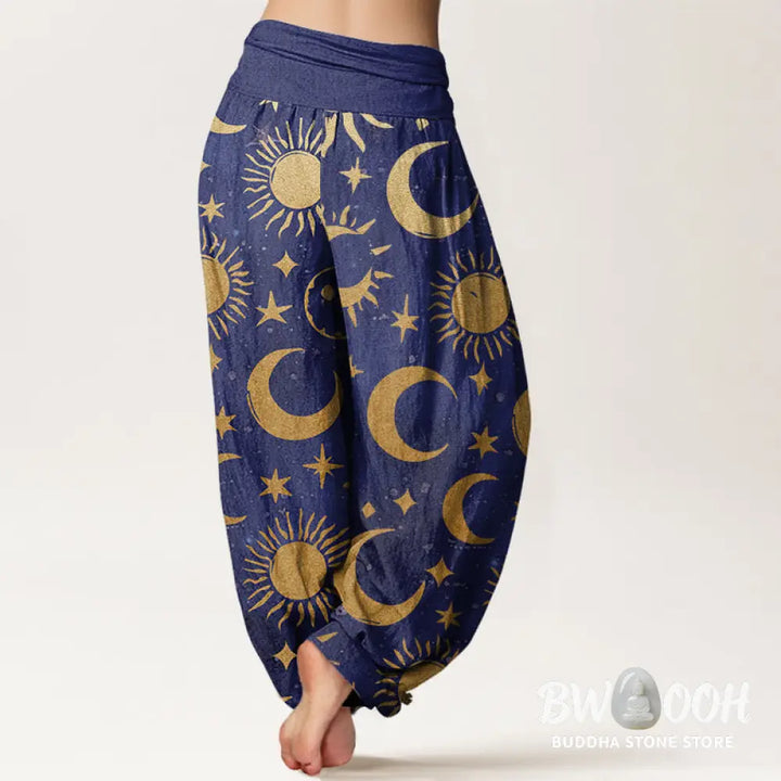 Buddha Stones Cotton Crescent Moon Sun Stars Pattern Design Women’s Elastic Waist Harem Pants - Women’s Harem Pants
