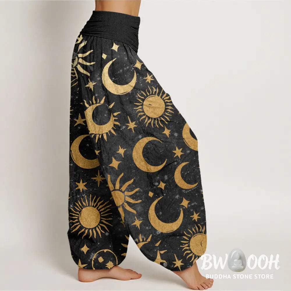 Buddha Stones Cotton Crescent Moon Sun Stars Pattern Design Women’s Elastic Waist Harem Pants - Women’s Harem Pants