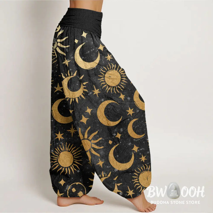 Buddha Stones Cotton Crescent Moon Sun Stars Pattern Design Women’s Elastic Waist Harem Pants - Women’s Harem Pants
