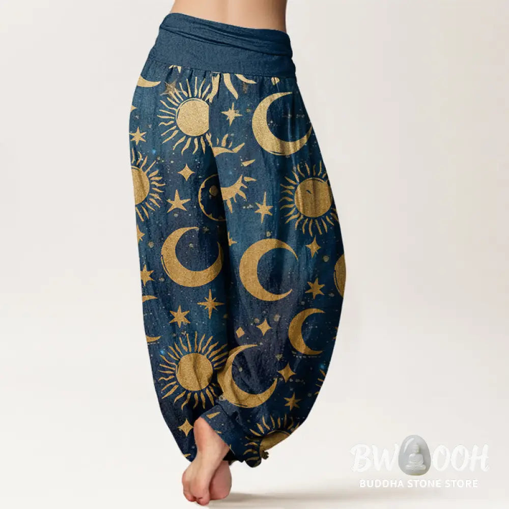 Buddha Stones Cotton Crescent Moon Sun Stars Pattern Design Women’s Elastic Waist Harem Pants - Women’s Harem Pants