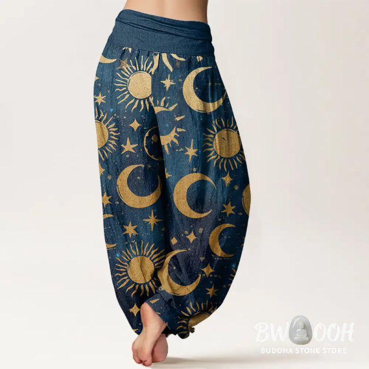 Buddha Stones Cotton Crescent Moon Sun Stars Pattern Design Women’s Elastic Waist Harem Pants - Women’s Harem Pants