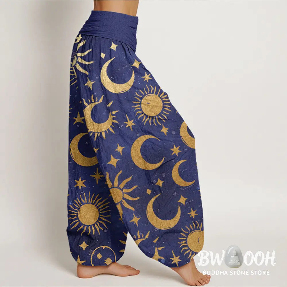 Buddha Stones Cotton Crescent Moon Sun Stars Pattern Design Women’s Elastic Waist Harem Pants - Women’s Harem Pants