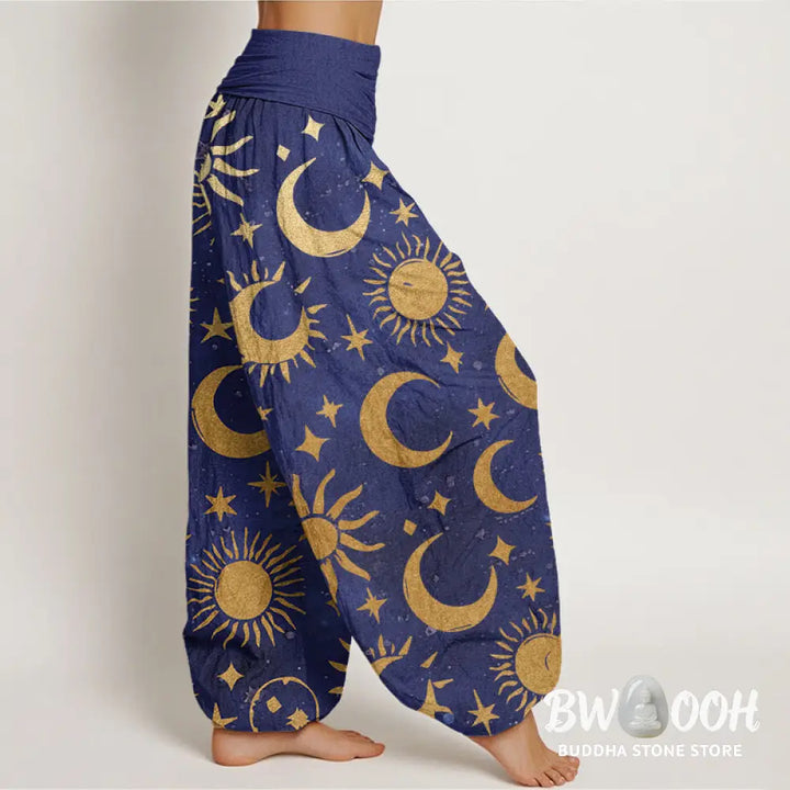 Buddha Stones Cotton Crescent Moon Sun Stars Pattern Design Women’s Elastic Waist Harem Pants - Women’s Harem Pants