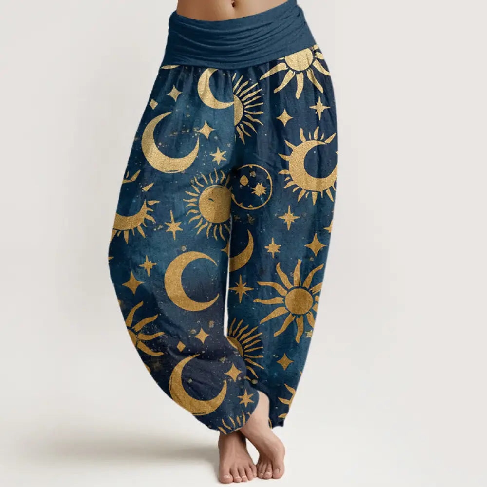 Buddha Stones Cotton Crescent Moon Sun Stars Pattern Design Women’s Elastic Waist Harem Pants - RoyalBlue