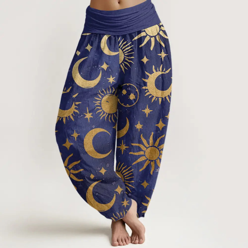 Buddha Stones Cotton Crescent Moon Sun Stars Pattern Design Women’s Elastic Waist Harem Pants - SlateBlue